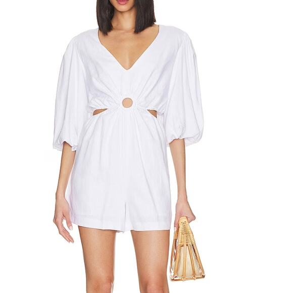 1.STATE Cottage White Romper XXS Plunging Boho Wide Leg Puff Sleeve Cutout $99 - Picture 1 of 9